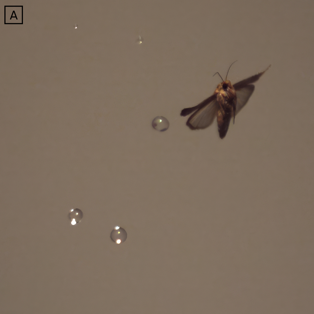 Figure 5: A: Moth in flight along side a raindrop.